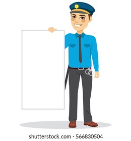 Police Man standing with uniform holding blank board