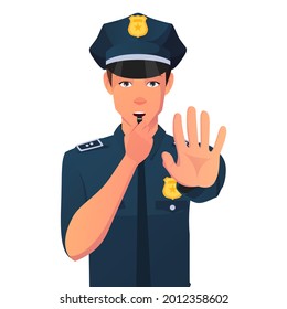 Police Man Stop Sign With Whistle Illustration.