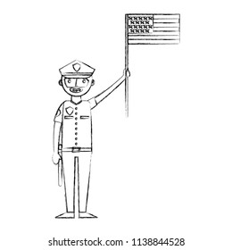 police man in uniform character holding american flag labor day