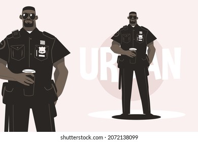 Police man in uniform vector illustration. Strong male officer holding cup of coffee flat style. Authority and guard concept. Isolated on pink background