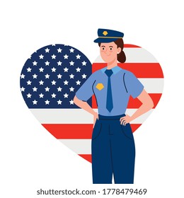 police man with usa flag heart design, Labor day holiday and patriotic theme Vector illustration