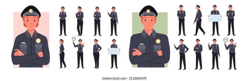 Policía hombre y mujer, guardia posa una ilustración vectorial. Jóvenes caricaturistas con uniforme de policía trabajando en patrulla de seguridad, agentes parados con el cartel de alto, boleto y pancarta vacía aislados en blanco