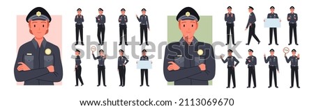 Police man and woman, guard poses set vector illustration. Cartoon young people in cop uniform working in safety patrol, agents standing with stop sign, ticket and empty banner isolated on white