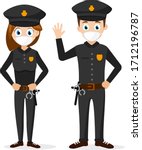Police man and woman in uniform and medical mask. Character