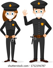 Police man and woman in uniform and medical mask. Character