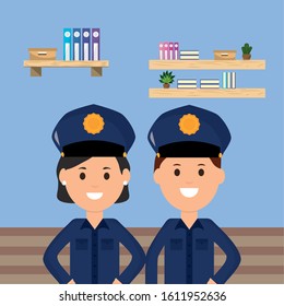 police man and woman workspace bookshelf vector illustration