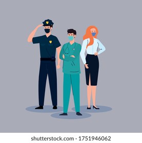 police man with workers group in covid 19, workers wearing medical mask against coronavirus vector illustration design