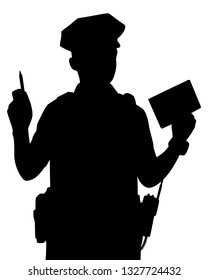 Police man write order bill with pen silhouette vector, people on white background
