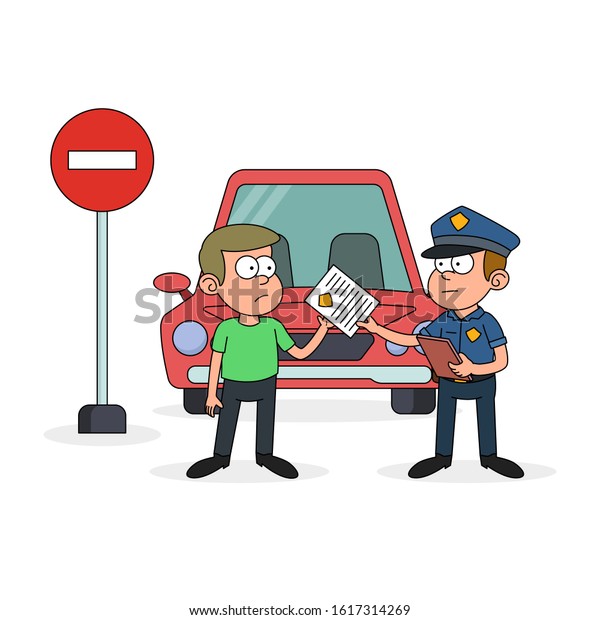 Police Man writing a fine to driver in retro
cartoon style