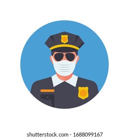 Police in medical mask. Officer avatar in facial mask. Vector illustration flat design. Officer observes the rules of prevention covid-19. Control coronavirus.