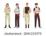 Police and military officer isolated men women cartoon characters. Vector army workers professions man and woman in defense uniform. Commander patrol swat people, policeman sheriff in protective vest