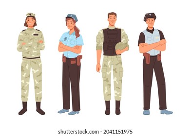Police and military officer isolated men women cartoon characters. Vector army workers professions man and woman in defense uniform. Commander patrol swat people, policeman sheriff in protective vest