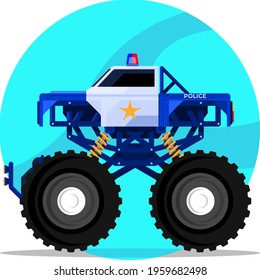 Police Monster Truck Pickup Flat Cartoon