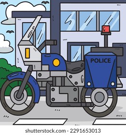 Police Motorcycle Colored Cartoon Illustration