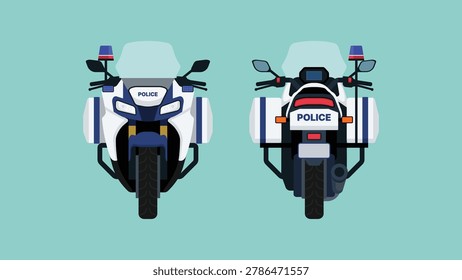 Police motorcycle front and rear view with modern patrol design, emergency transport vehicle, vector flat illustration
