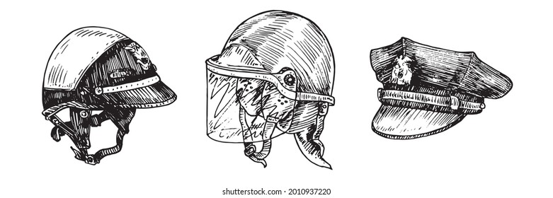 Police motorcycle helmet, tactical anti riot helmet, vintage US American police officer 8 point visor hat, gravure style ink drawing illustration isolated on white