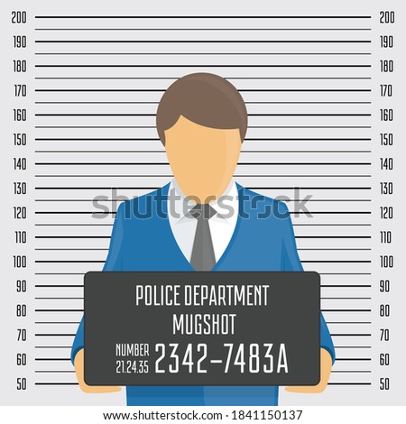Police mugshot background. Vector police lineup template. Arrested man gangster holding board with copy space in hands posing for identification photo. Mugshot illustration with a table. EPS 10.