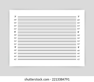 Police mugshot board. Criminal wanted mug shot background with lines in inches. Measuring concept. Wall measurements template. Lineup backdrop. Vector illustration. Identification frame