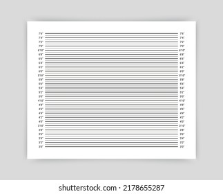 Police Mugshot Board. Mug Shot Criminal Background With Lines In Inches. Wall Measurements Template For Wanted Picture. Lineup Backdrop. Identification Frame For Crime Arrest. Vector Illustration.