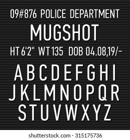 Police mugshot board sign alphabet, numbers and punctuation symbols. Vector.
