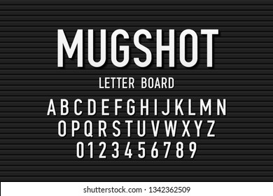 Police mugshot letter board style font, changeable alphabet letters and numbers vector illustration
