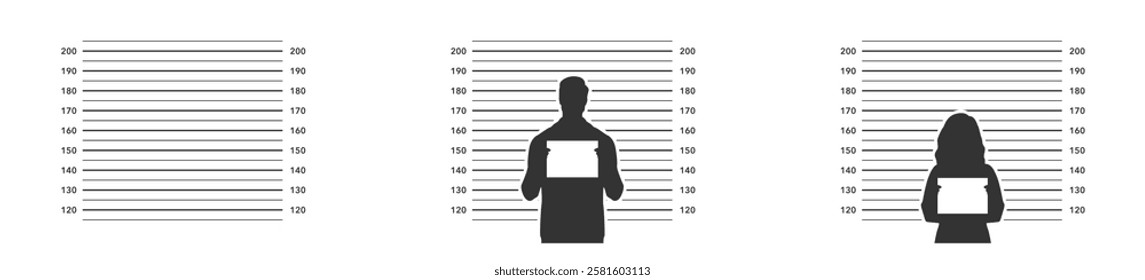 Police mugshot lineup of male and female silhouettes. Criminal records, or police identification. Vector illustration in flat