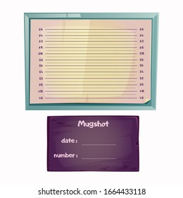 Police mugshot for suspect or criminal identification in jail. Vector cartoon blank lineup template with scale of height for photo of arrested, wanted or prisoners and black board