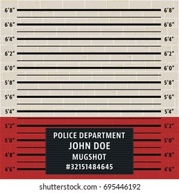 Police mugshot template. Brick wall with police lineup background. Vector illustration.