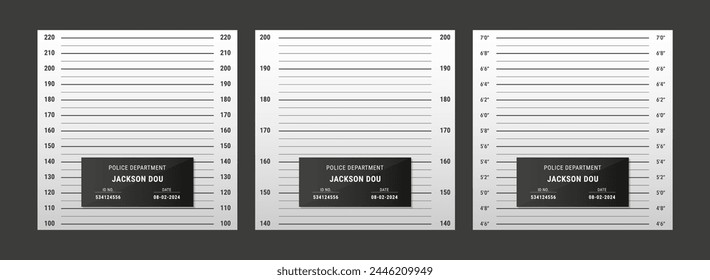 Police mugshot template. Vector background set of police lineup (centimeter scale and inch unit) or mugshot board with text signs for criminals photo. Criminal height wall. Identification frame