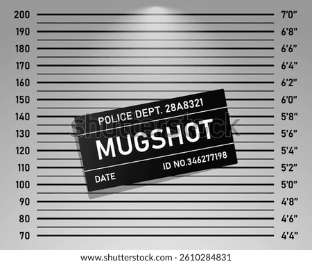 Police mugshot template. Vector background set of police lineup (centimeter scale and inch unit) or mugshot board with text signs for criminals photo. Criminal height wall. Identification frame