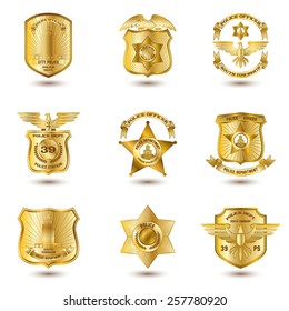 Police municipal city law enforcement department badges gold set isolated vector illustration