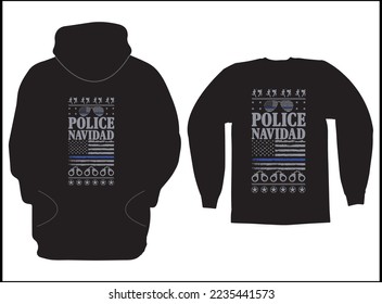 Diseño de vectores de camiseta de Navidad policial, suéter navideño fea, diseño de capucha. De vuelta a la azul.