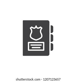Police note book vector icon. filled flat sign for mobile concept and web design. Agenda with police badge simple solid icon. Symbol, logo illustration. Pixel perfect vector graphics