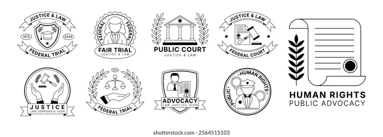 Police office badge. Law and justice logo. Lawyer service. Courthouse sticker. Judgement shield tag. Enforcement code penal. Court jury stamp. Advocacy sign. Vector design garish judicial labels set