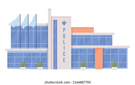 Police office building semi flat color vector object. Editable figure. Full sized item on white. Justice simple cartoon style illustration for web graphic design and animatio. Bebas Neue font used