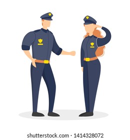 Police office couple in the uniform standing. Female and male worker. Policeman character. Professional occupation. Isolated vector illustration in cartoon style