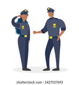 Police office couple in the uniform standing. Female and male worker. Policeman character. Professional occupation. Isolated vector illustration in cartoon style