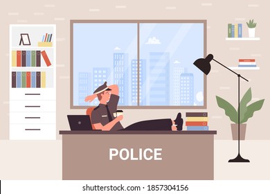 Police Office Department Vector Illustration. Cartoon Officer Detective Worker Policeman Character Sitting At Desk And Resting, Coffee Break During Work In Police Station Room Interior Background