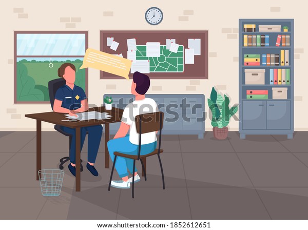 Police\
office flat color vector illustration. Legal department. Cop\
interview victim for report. Police officer with witness 2D cartoon\
characters with center interior on\
background