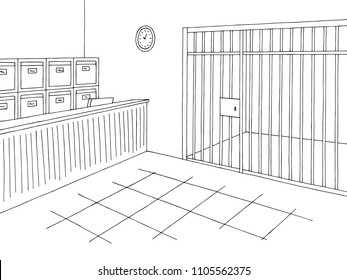 Police office graphic interior black white sketch illustration vector