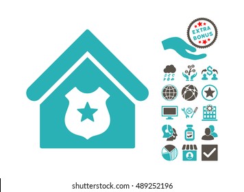 Police Office icon with bonus elements. Vector illustration style is flat iconic bicolor symbols, grey and cyan colors, white background.