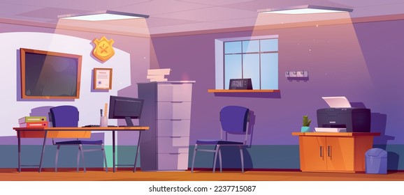 Police office interior design. Cartoon vector illustration of room with desk, chairs, blackboard and golden badge on wall, criminal cases in folders, computer. Detective or investigator workplace