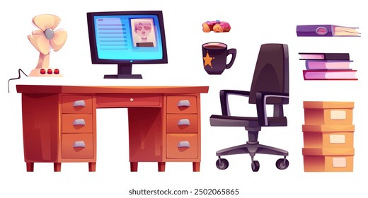 Police office interior furniture and equipment. Cartoon vector detective and investigator room elements - desk and chair, computer monitor with suspect photo, documents and materials, coffee and donut