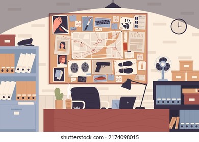 Police Office Interior With Investigation Board Vector Illustration. Cartoon Pinboard With Evidences, Suspect Photo And Crime Places On Map, Investigators Table Background. Detective Bureau Concept