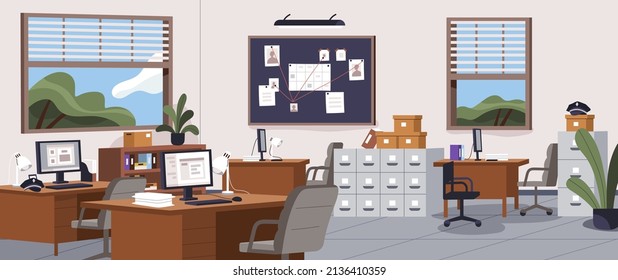 Police office, station interior. Inside of empty investigation department of detective bureau. Workplace with furniture, confidential evidence board and computer desks. Flat vector illustration