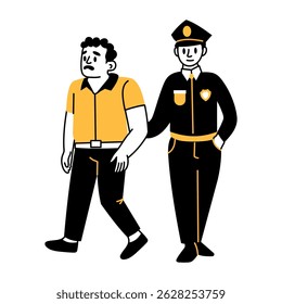 Um policial prende o criminoso, desenhado à mão ilustração 