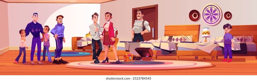 Agente de policía arresta a un ladrón vestido con ropa de mujer en una habitación de hotel con camas y sofá, dos hombres y niños adolescentes, cofre del tesoro y maleta con pipa. Ilustración vectorial de dibujos animados.