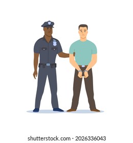 Police officer arresting the criminal. Police officer holds hand of a criminal in handcuffs. Vector illustration.