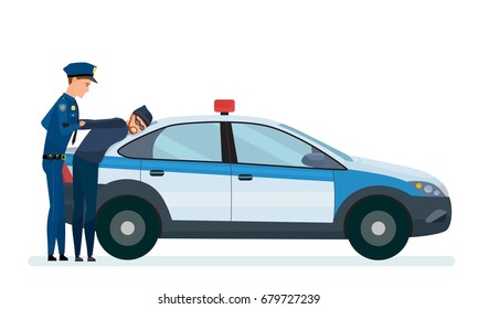 Un oficial de policía arresta a un ladrón, un criminal, en el capó de un auto de la policía que trabaja. Un ladrón en un intento de robar dinero. Detención de un ladrón. Ilustración vectorial aislada al estilo de las caricaturas.