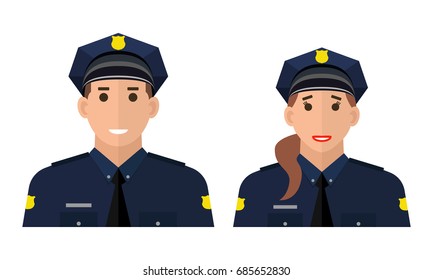 Police officer avatar illustration. Police man and police woman. Trendy policeman icon in flat style. Policeman and policewoman standing on white background in flat style